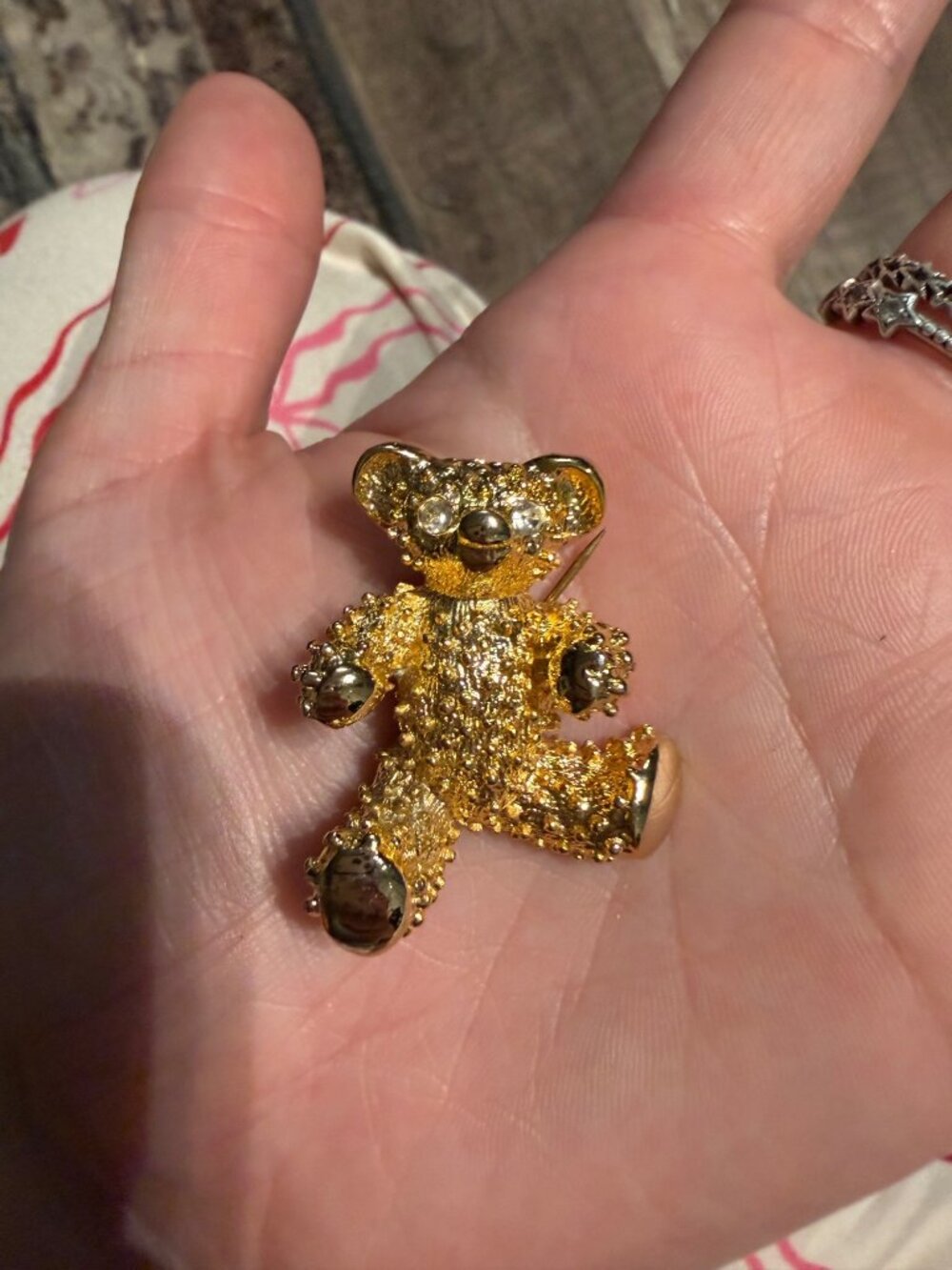 Gold Crystal Teddy Bear Pin Brooch With Textured Finish & Rhinestone Accents
